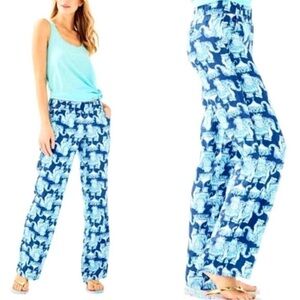 Lilly Pulitzer Florita Linen Pants 
Deep Indigo Joy Ride Elephants